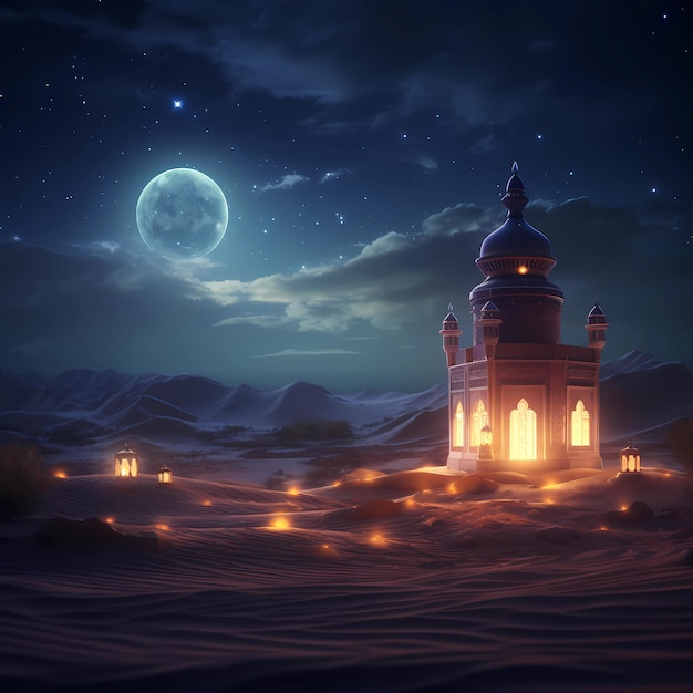 Islamic illustration of a desert and mosque at night for background of a Mawlid Al Nabi poster or flyer