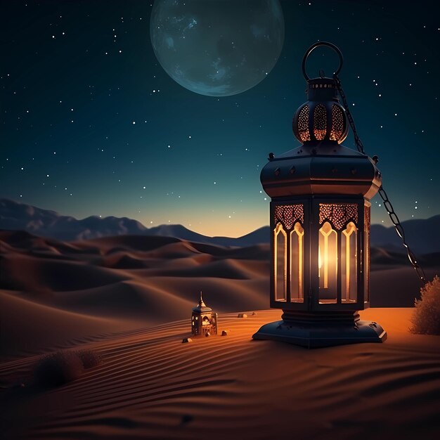 Islamic illustration of lanterns in desert at night for background of a Mawlid Al Nabi poster or brochure