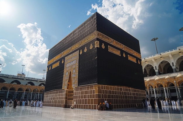 Foto illustrazione islamica della kaba circondata da musulmani creata con ia generativa