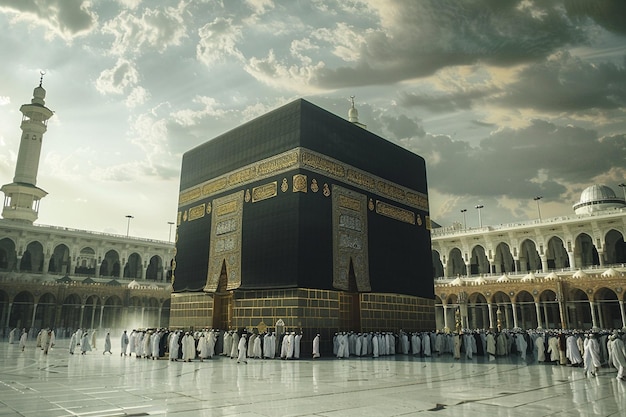 Islamic Kaba Illustration surrounded by Muslims created with generative AI