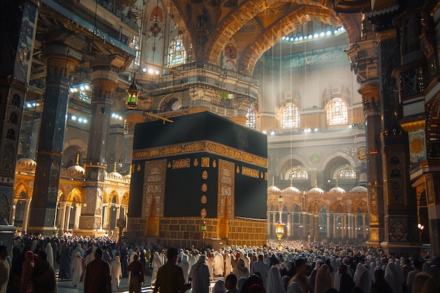 Islamic Kaba Illustration surrounded by Muslims created with generative AI