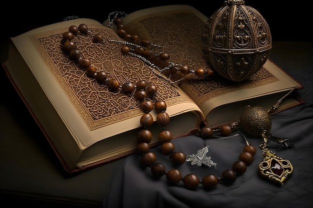 Islamic Koran book and rosary for prayer on brown table Ramadan Generative AI 2