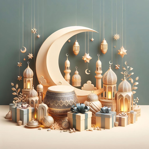 写真 イスラム教のランプと贈り物の黄金の背景デザイン