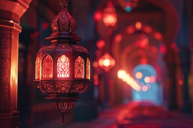 Photo an islamic lamp is lit up night in karachi