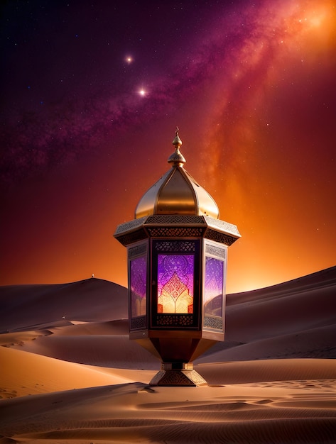 Фото Исламский фонарь арабское украшение стоит в пустыне с красивым ночным небом