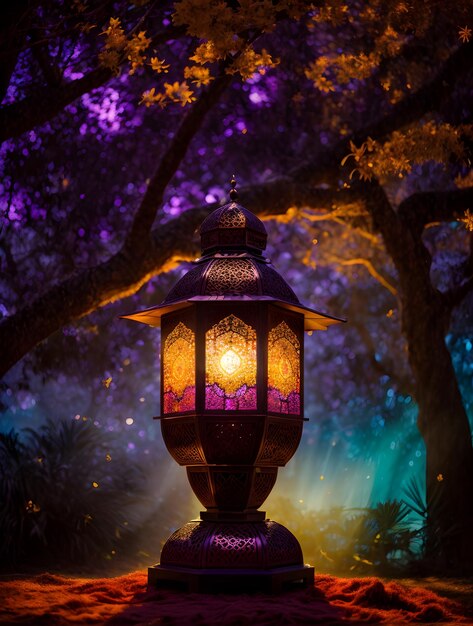 Photo islamic lantern arabic decoration standing in the magical light of trees