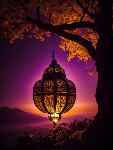 Photo islamic lantern arabic decoration standing in the magical light of trees