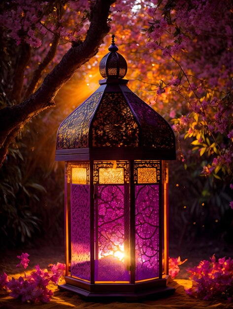 islamic lantern Arabic decoration standing in the magical light of trees