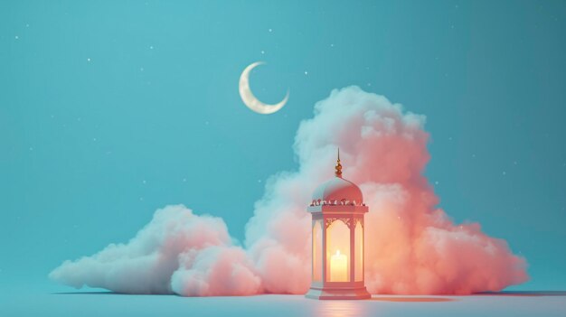 Islamic Lantern Brilliance 3D Render of Lantern with Space for Text Set Against a Light Blue Background with a 3D Cloud and Crescent Moon