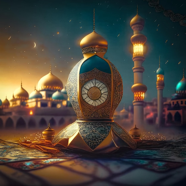 Islamic lantern crescent over mosque for Ramadan Kareem and Eid Mubarak