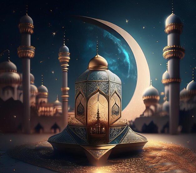 Islamic lantern crescent over mosque for Ramadan Kareem and Eid Mubarak