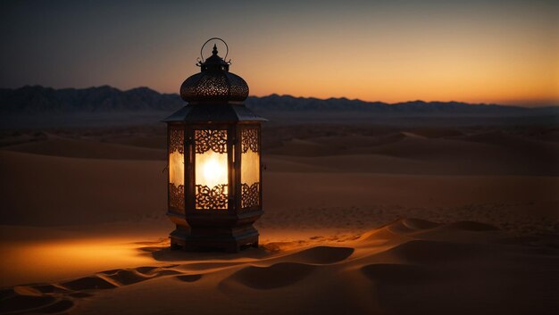 Islamic lantern in the desert at night