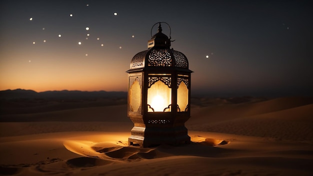 Islamic lantern in the desert at night