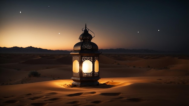 Islamic lantern in the desert at night