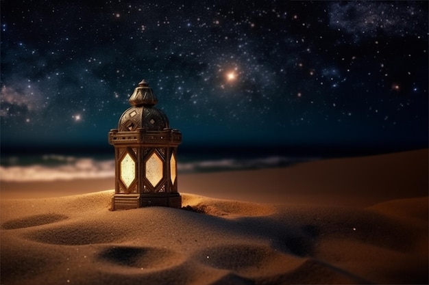 砂漠の星の夜にイスラム教のランタン