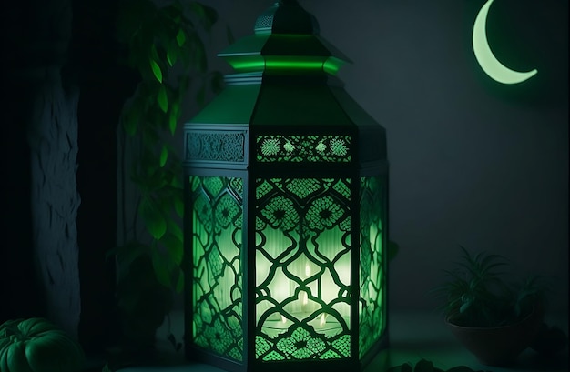 이슬람 랜턴 Eid Mubarak 배너 포스터 달이 있는 녹색 이슬람 랜턴