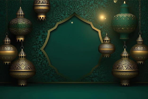 Islamic lantern golden and green luxury ornament ramadan kareem celebration AI Generated