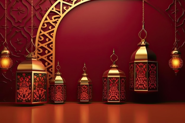 Islamic lantern golden and maroon luxury ornament ramadan kareem celebration Background AI Generated