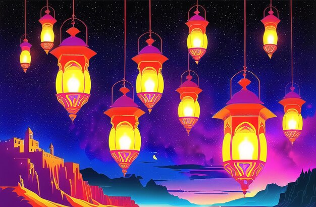 금식 AI의 이슬람 축제를 위한 라마단 카림 이드 인사말을 위한 이슬람 랜턴 램프 생성