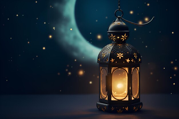 Фото Исламский фонарь на размытом полумесяце на фоне с блеском для рамадана, ид аль-фитра и ада копировать пространство