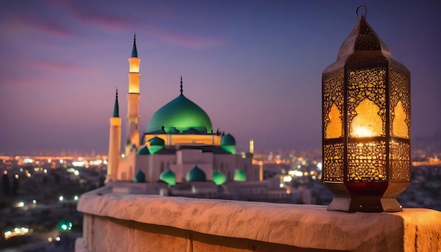 写真 イスラム教のランターンアル・フィトールとアダ・イードの背景にぼんやりしたモスク