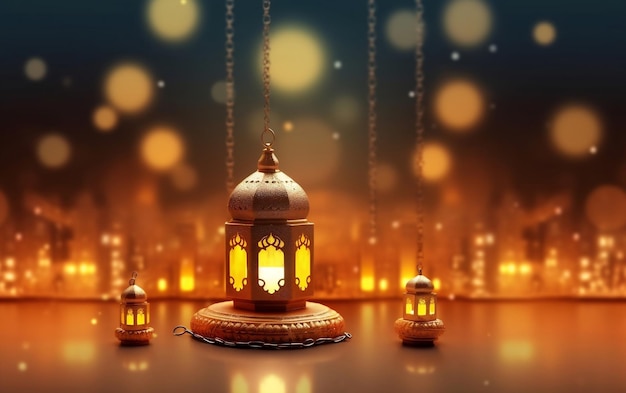 Islamic lantern with blue background with copy space for text Generative Ai