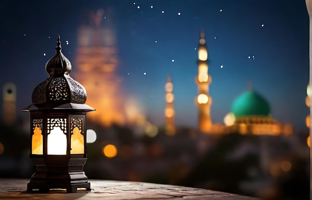Islamic lantern with a blurred mosque background AI Generated