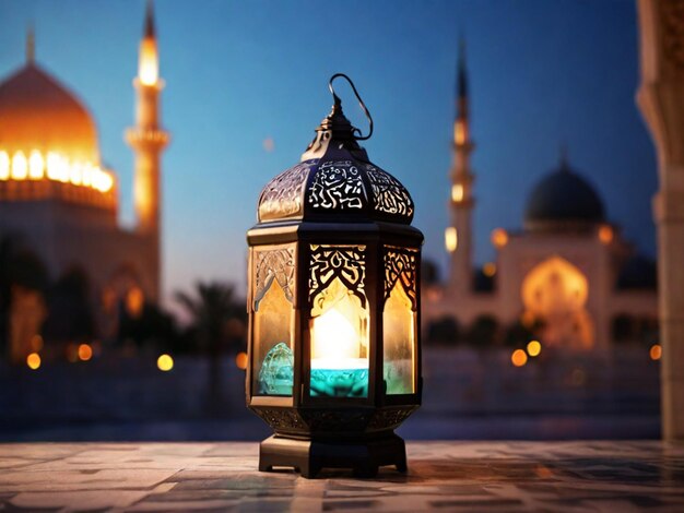 islamic lantern with a blurred mosque in the background