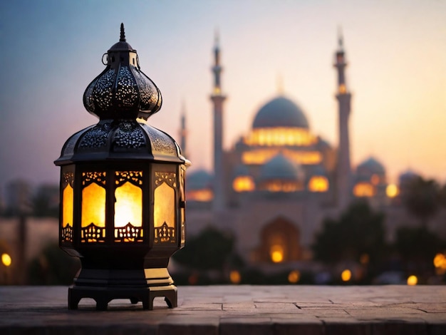 islamic lantern with a blurred mosque in the background