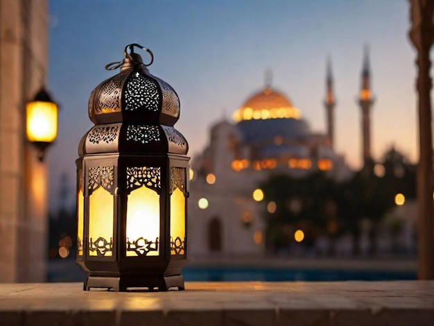 islamic lantern with a blurred mosque in the background