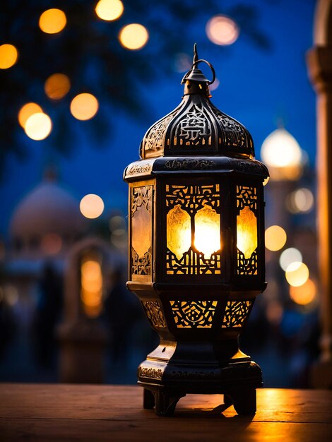 Islamic lantern with a blurred mosque with bokeh in the background for eid al fitr Ai genarated