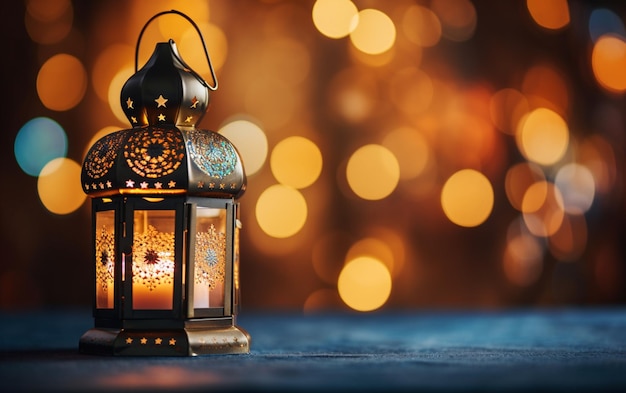 islamic lantern with bokeh lights in the background for adha and fitr eid