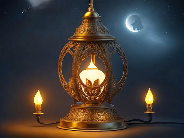 Islamic lantern with burning candle and bokeh lights in the background for Fitr and Adha Eid