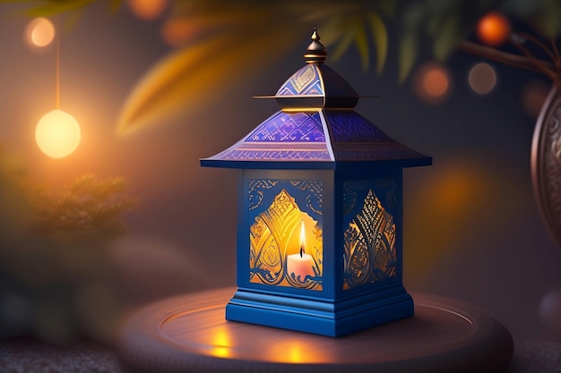 Islamic lantern with burning candle glowing holy month ramadan kareem eid mubarak background