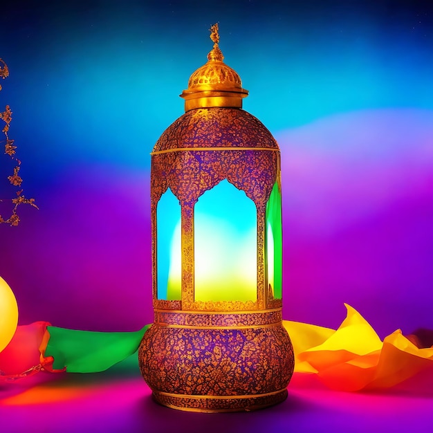 Исламский фонарь с красочным фоном Генеративный Ай