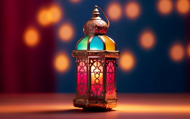텍스트를 복사 할 수있는 공간과 함께 다채로운 배경을 가진 이슬람 등불 Generative Ai