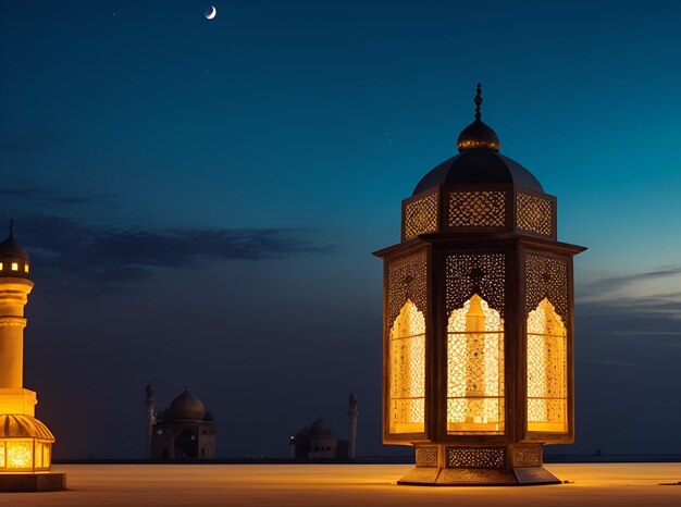 背景の夜にモスクがあるイスラム教のランターン