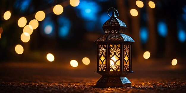 Photo islamic lanterns with colorful light glowing at night muslim festival