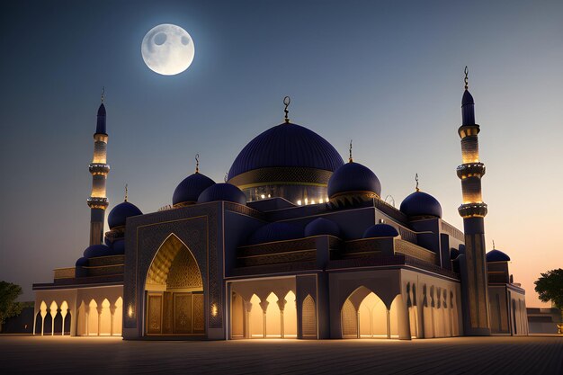Photo islamic masjid mosque banner night time moon ramadan eid mubarak greetings ramzaan generative ai