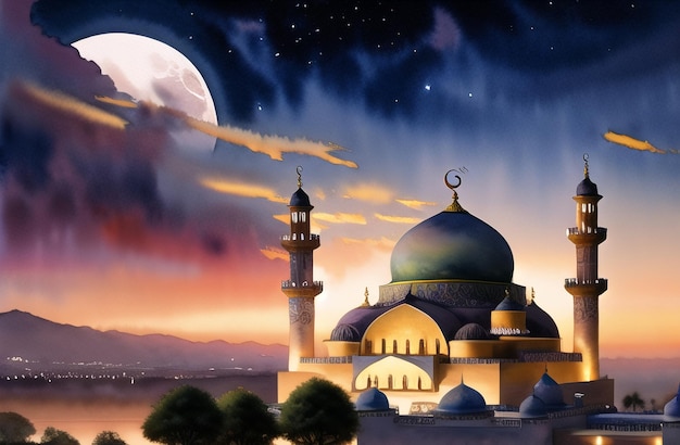라마단 카림과 이드 무바라크를 위한 이슬람 성원 모스크 수채화 배너 이슬람 이슬람 축제를 위한 인사말 라마단 배경 그림 생성 AI