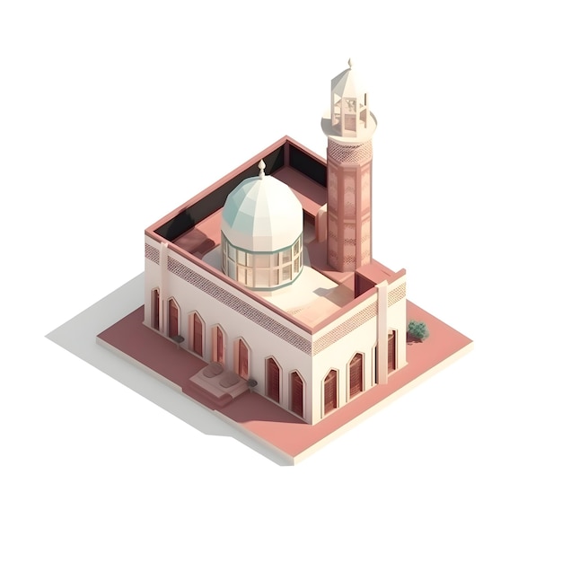 Foto costruzione della moschea islamica rendering 3d isometrico su sfondo bianco