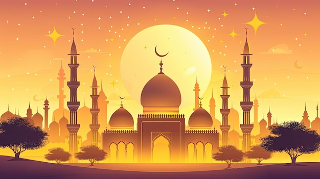 Islamic Mosque Complex at Sunset Illustration