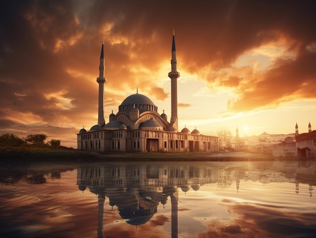 日没時の曇り空にあるイスラムモスクの劇的な日没のシーンのモスク