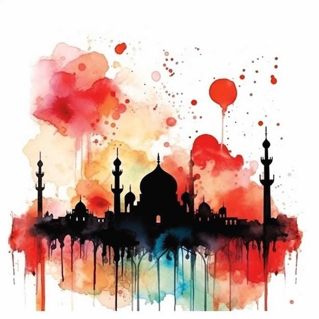 Islamic mosque illustration in watercolor effect