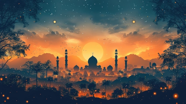 Исламская мечеть и фонарь для празднования Ид дизайн плаката баннера