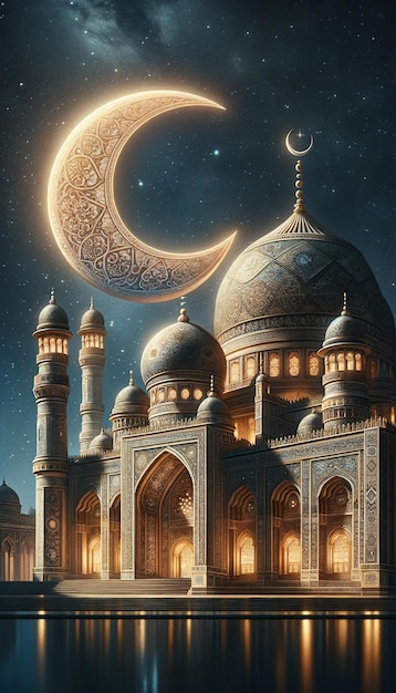 Islamic mosque at night time with a crescent moon behind