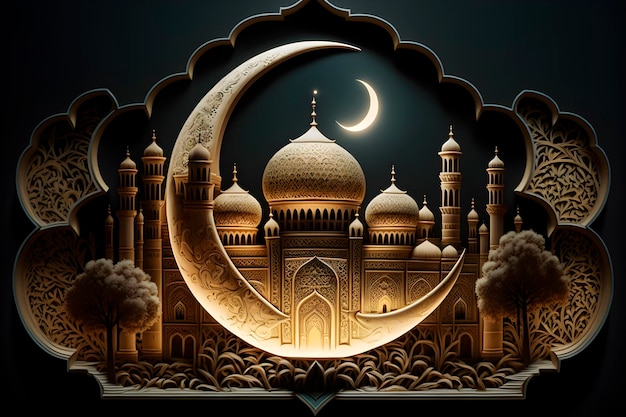 An Islamic mosque at night with a crescent moon behind the mosque generative ai