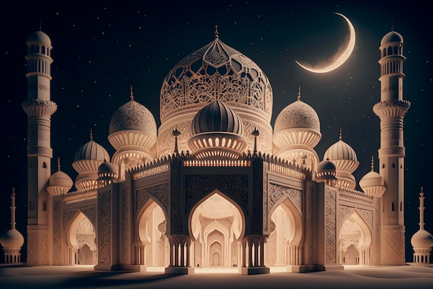 An Islamic mosque at night with a crescent moon behind the mosque generative ai