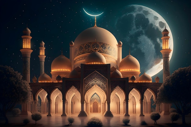 An Islamic mosque at night with a crescent moon behind the mosque generative ai