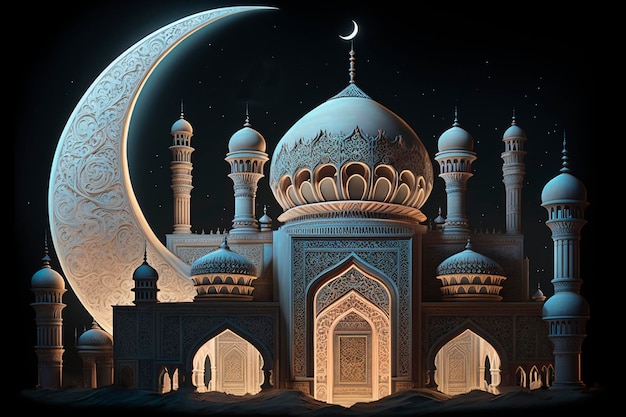 An Islamic mosque at night with a crescent moon behind the mosque generative ai